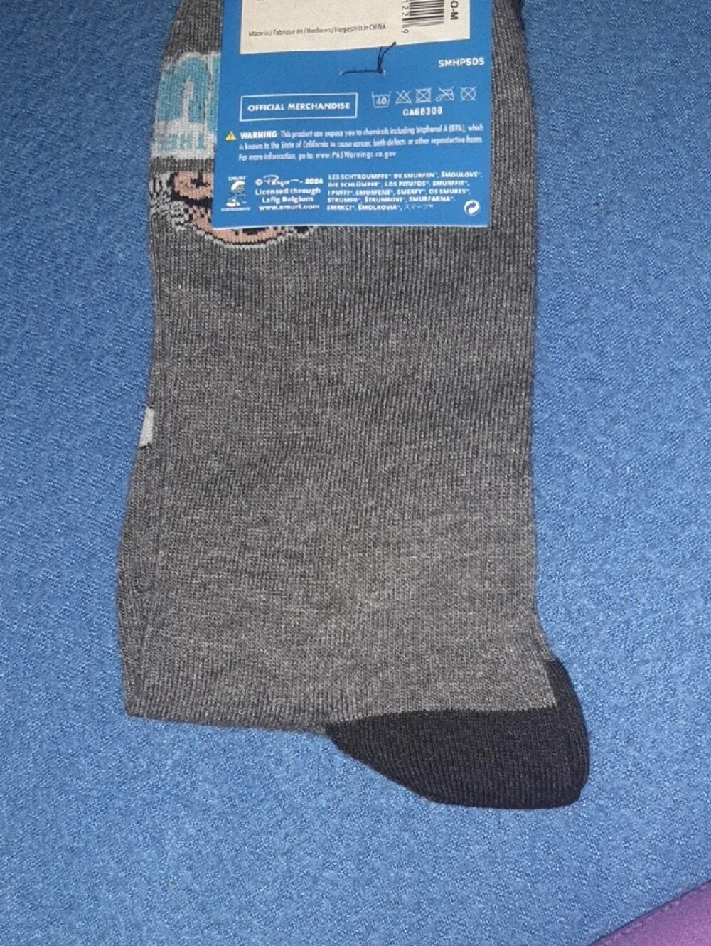 The Smurfs Men's Gray Crew Socks with Red & Blue Character Motif